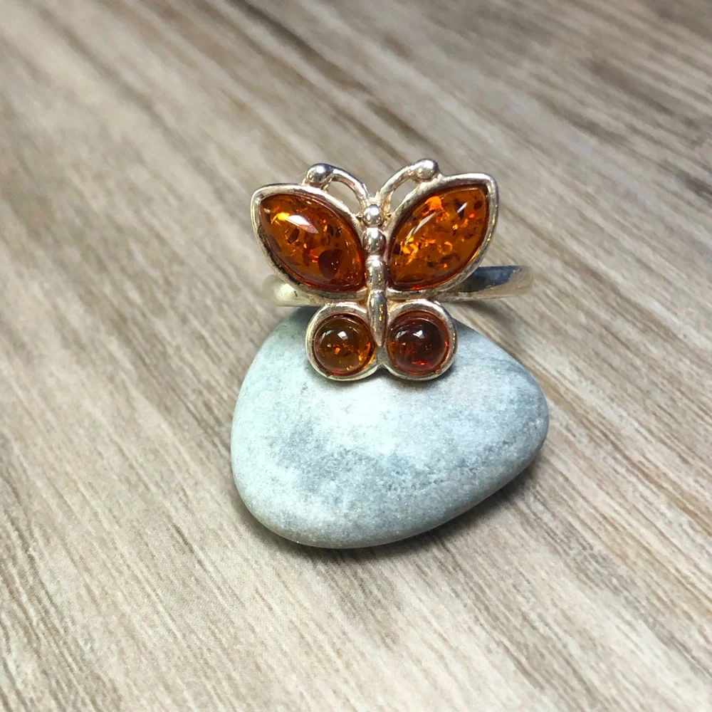 Amber Sterling Butterfly Ring 9 - Picture 1 of 9